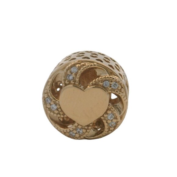 Pandora 14kt Yellow Gold CZ Cubic Zirconia Ribbon Heart Spacer Slider Charm - Picture 2 of 5